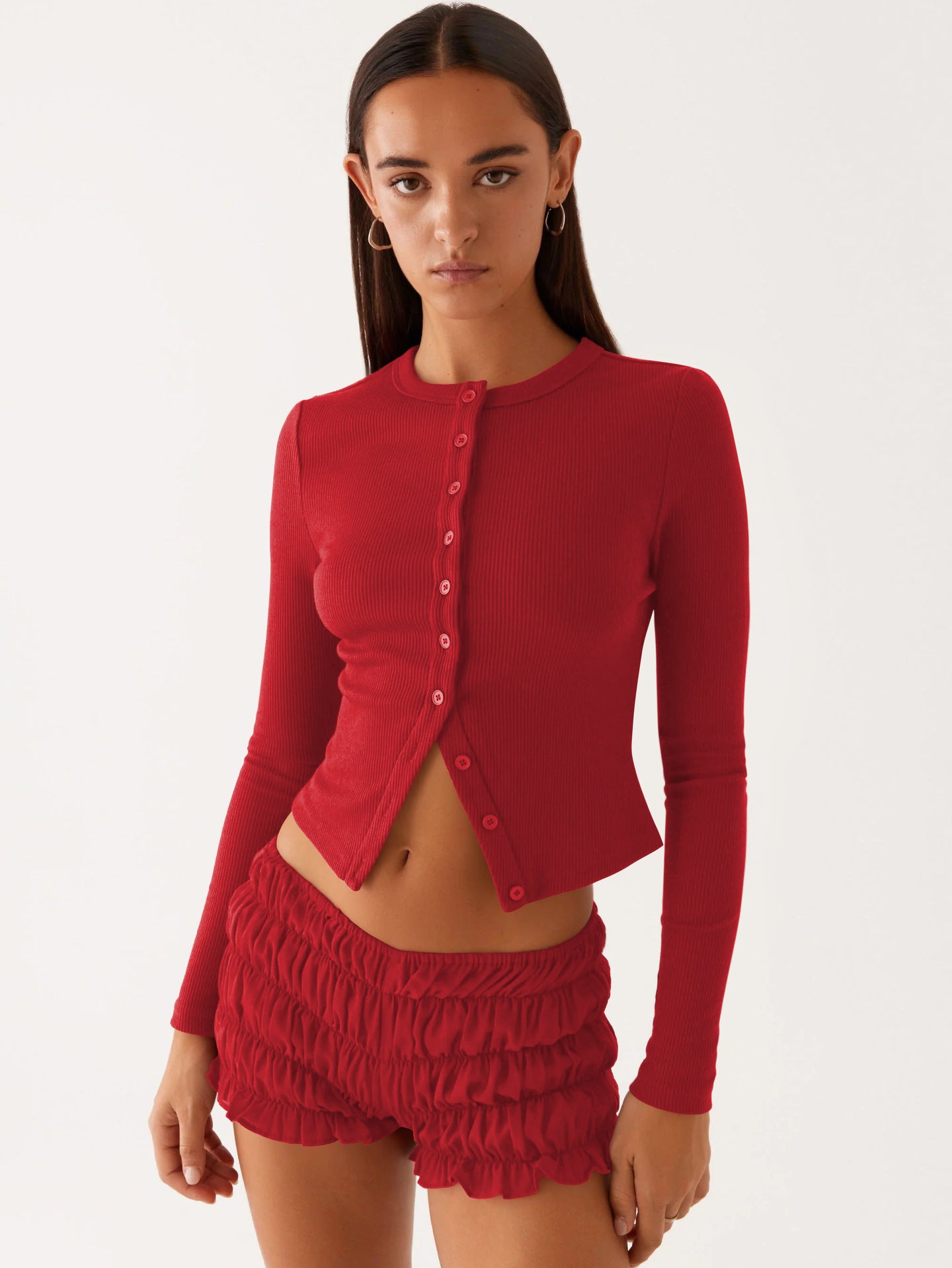 Spring and Summer Women's Solid Color Slim Long Button Cardigan Top