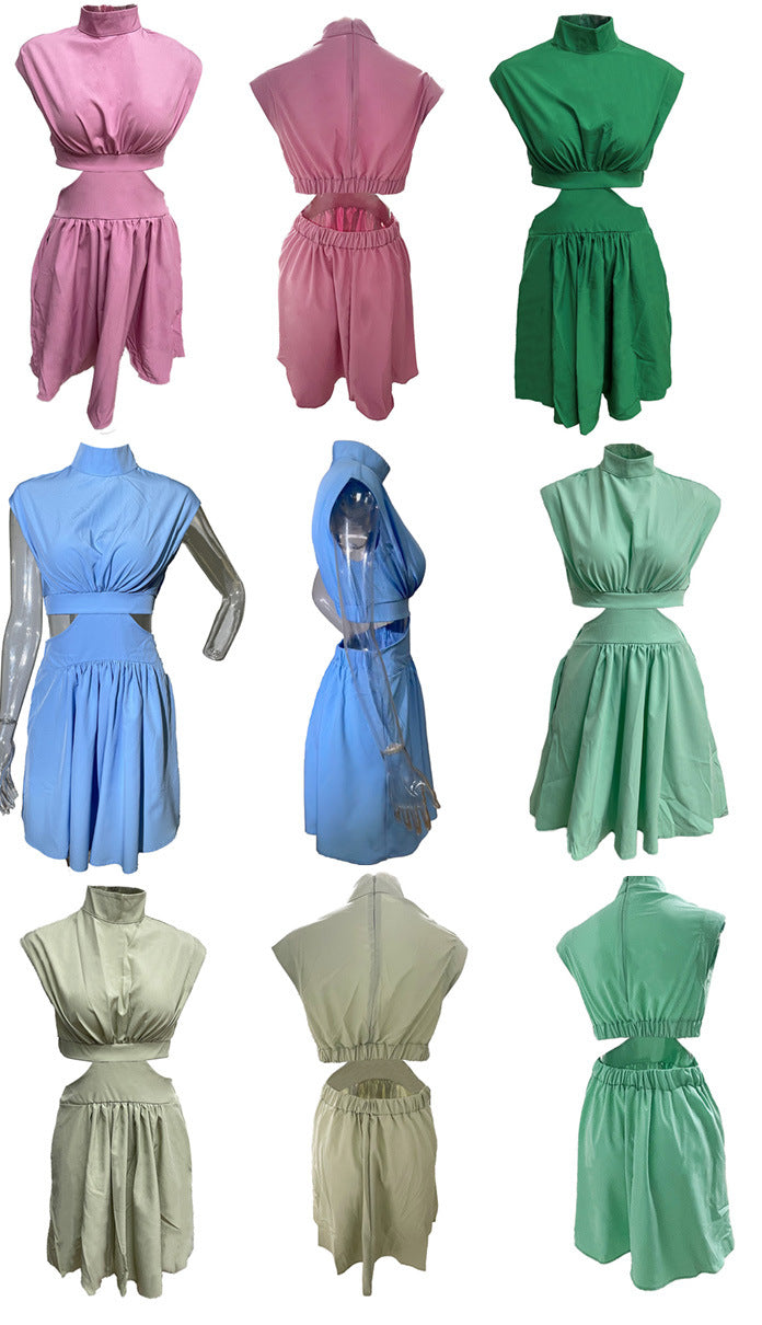 Solid Color Summer Dress Slim Waist Stand Collar Short Gown 9