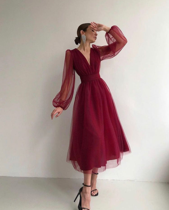 Women Fall V-Neck Mesh A-line Party Dress 4