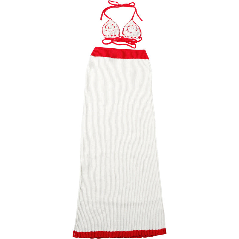 Women's Autumn Sexy Knitting Crochet Halter Neck Camisole Color Block Slim Skirt Set 11