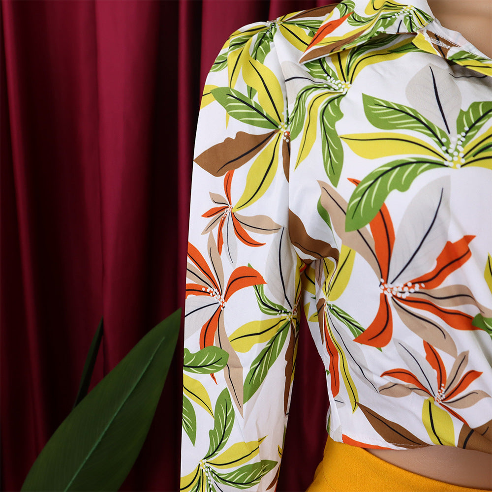 Fashionable Women's Printed Turndown Collar Lace-Up Long Sleeve Shirt 22