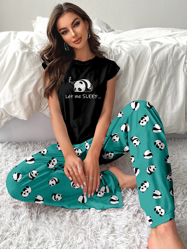 Summer Panda Print Flying Sleeve Pajamas Set Women's Home Clothes 5