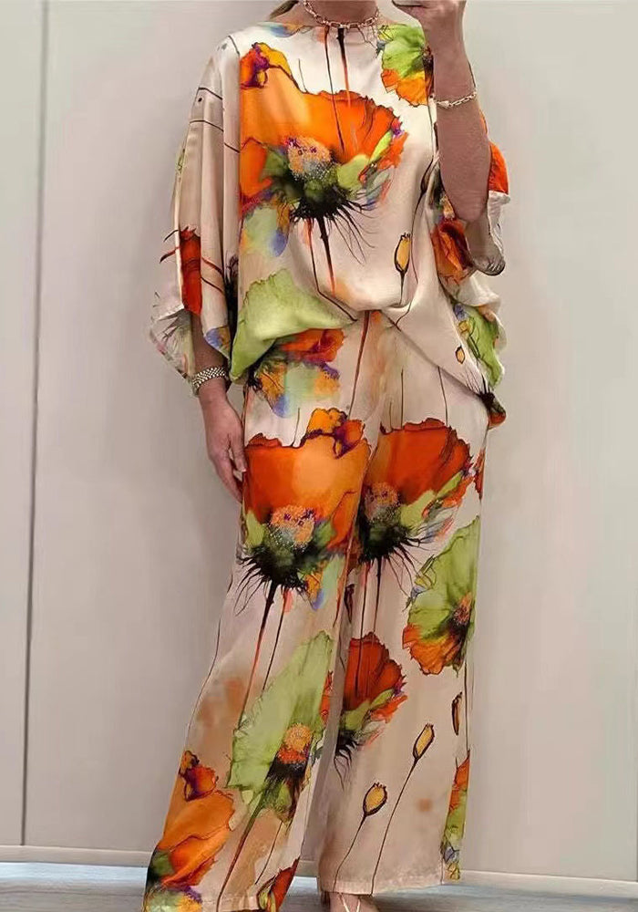Summer And Autumn Elegant Loose Print Bat Sleeves Top Wide Leg Pants Two Piece Set