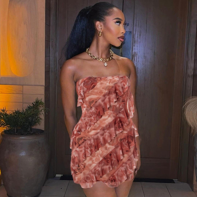 Women's Spring/Summer Flounce Mesh Strapless Mini Rose Print Bodycon Dress 8