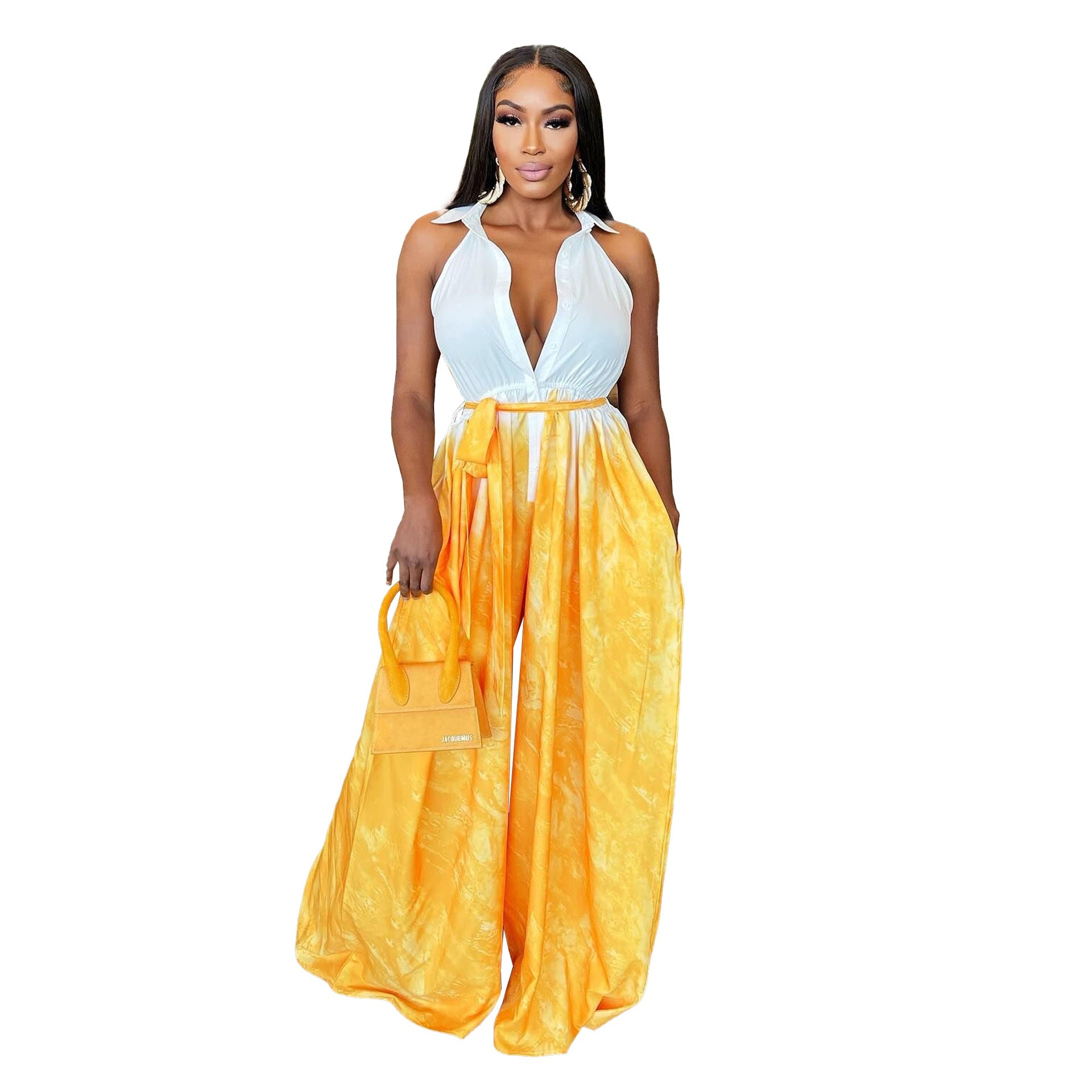 Women Sexy Print Shirt Collar Wide Leg Lace-Up Jumpsuit 7