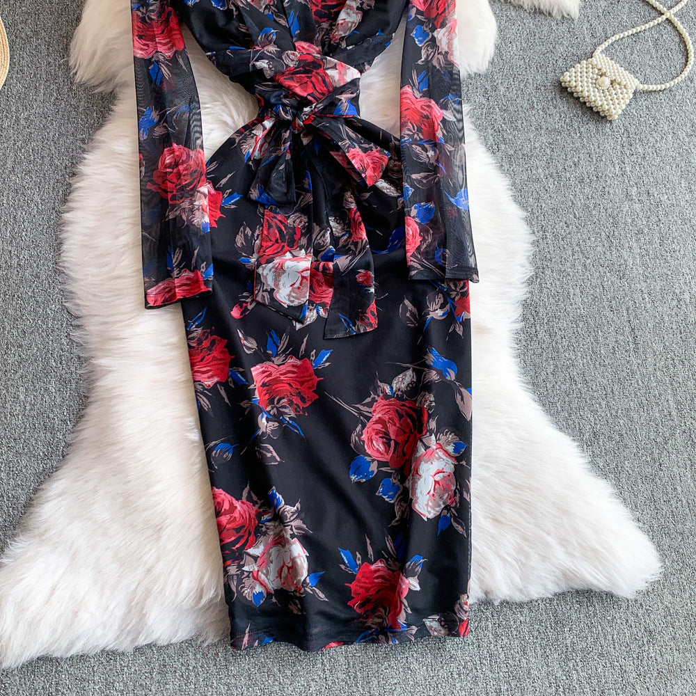 Women French Style Long-Sleeved V-Neck Lace-Up Maxi Print Bodycon Dress 35