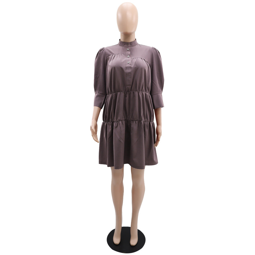 High Collar Solid Color Simple Loose Casual Women's Dress 15