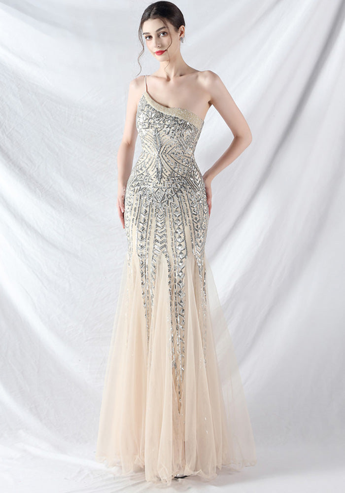 Sexy One Shoulder Sequins Mesh Patchwork Evening Dress