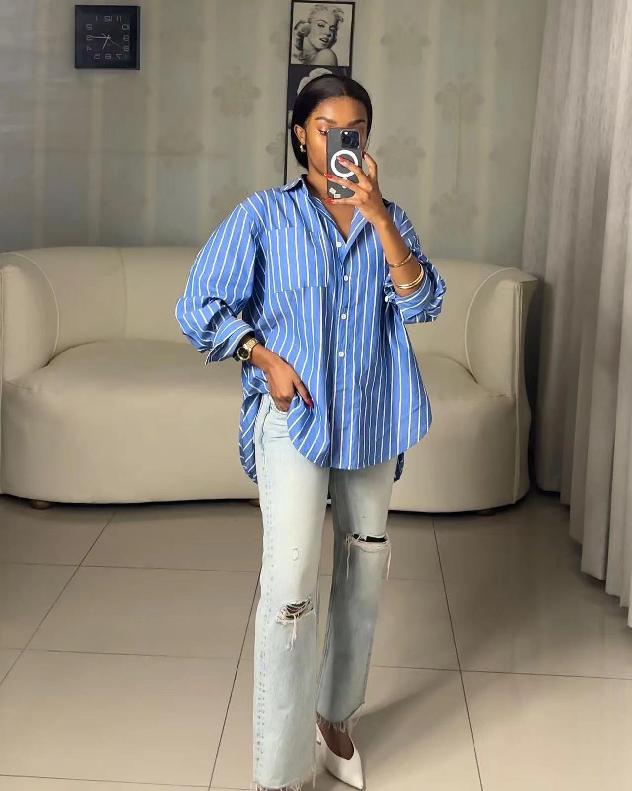 Spring Casual Blue And White Striped Career Loose Shirt 7