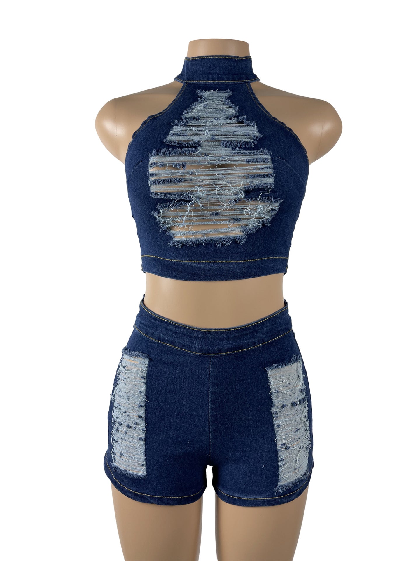 Women Stretch Ripped Strapless Denim Top and Denim Shorts Set of Two 14