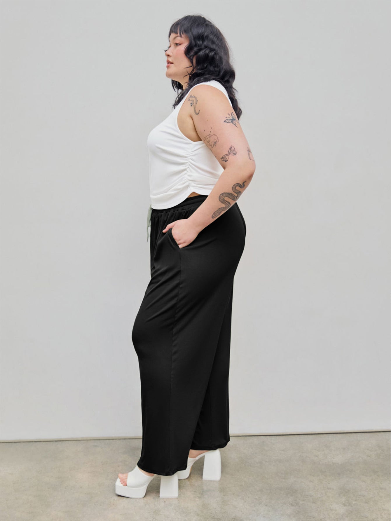 Plus Size Women's Autumn And Winter Elastic Waist Casual Versatile Drawstring High Waist Straight Pants 4