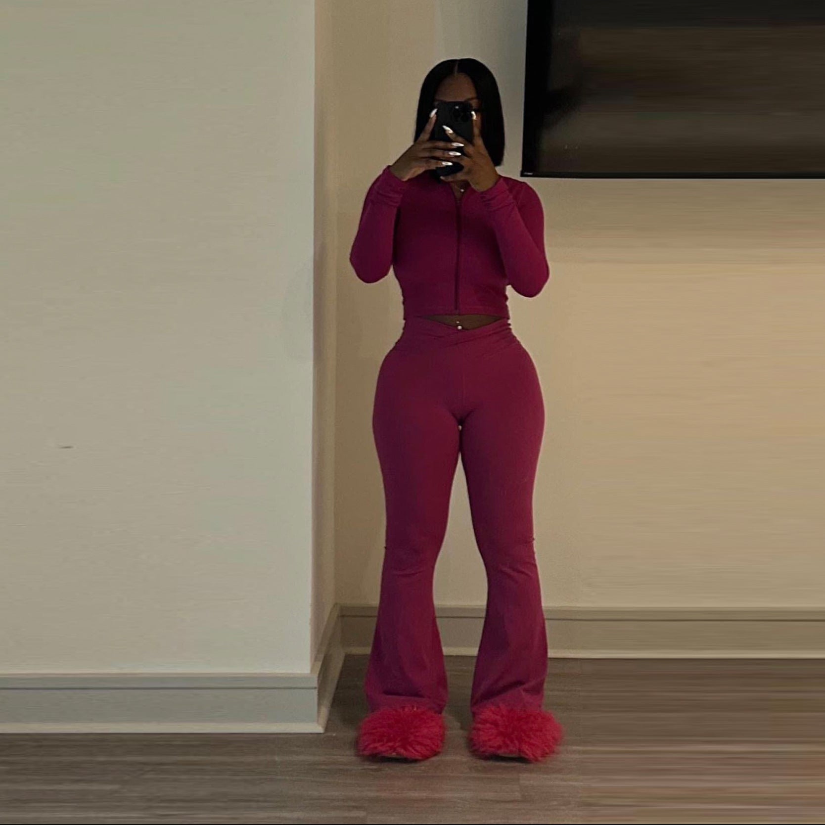 Women Solid Stretch long sleeve Top and Pant two-piece set