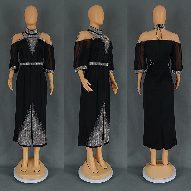 African Plus-Size Elegant Chic Beaded Patchwork Slit Bodycon Dress 16