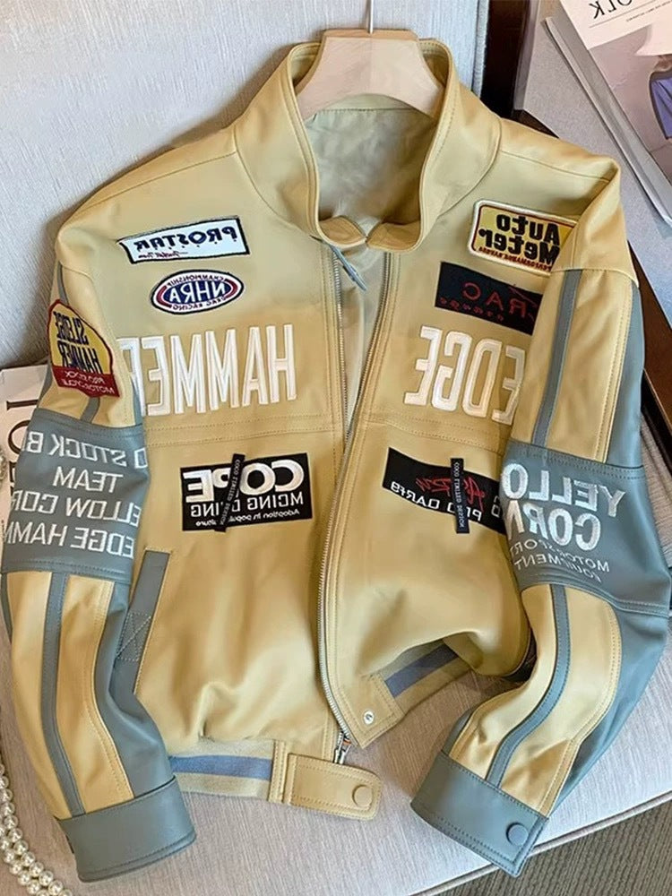 Embroidery Baseball Leather Jacket Men And Women Autumn And Winter Loose Handsome Coat