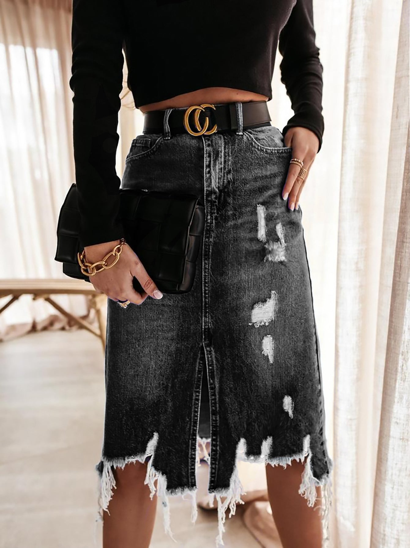 Spring Summer Women's High Waist Front Slit Denim Long Skirt