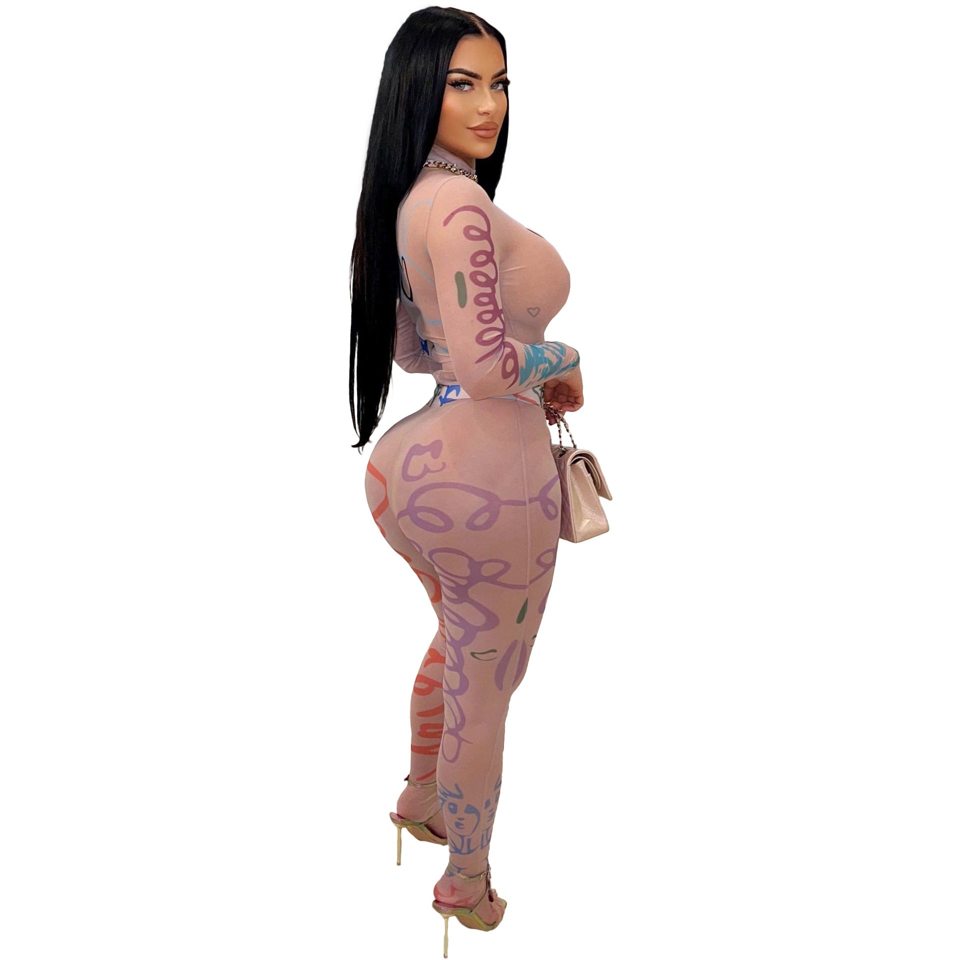 Women's Summer Print See-Through Mesh Tight Fitting Bodysuit Pants Two Piece Set 7