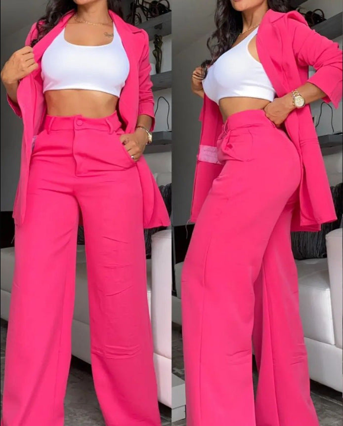 Women Elegant Solid Slit Sleeve Turndown Collar Blazer and Straight Pants Two-piece Set 3