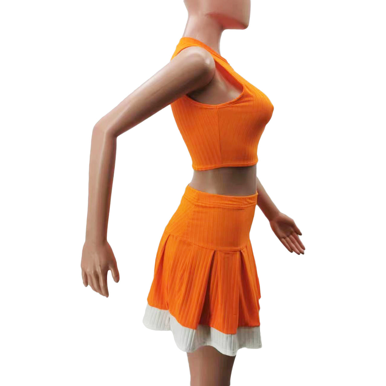 Women Casual Sexy Colorblock Zipper Top And Pleated Skirt Two-Piece Set 15