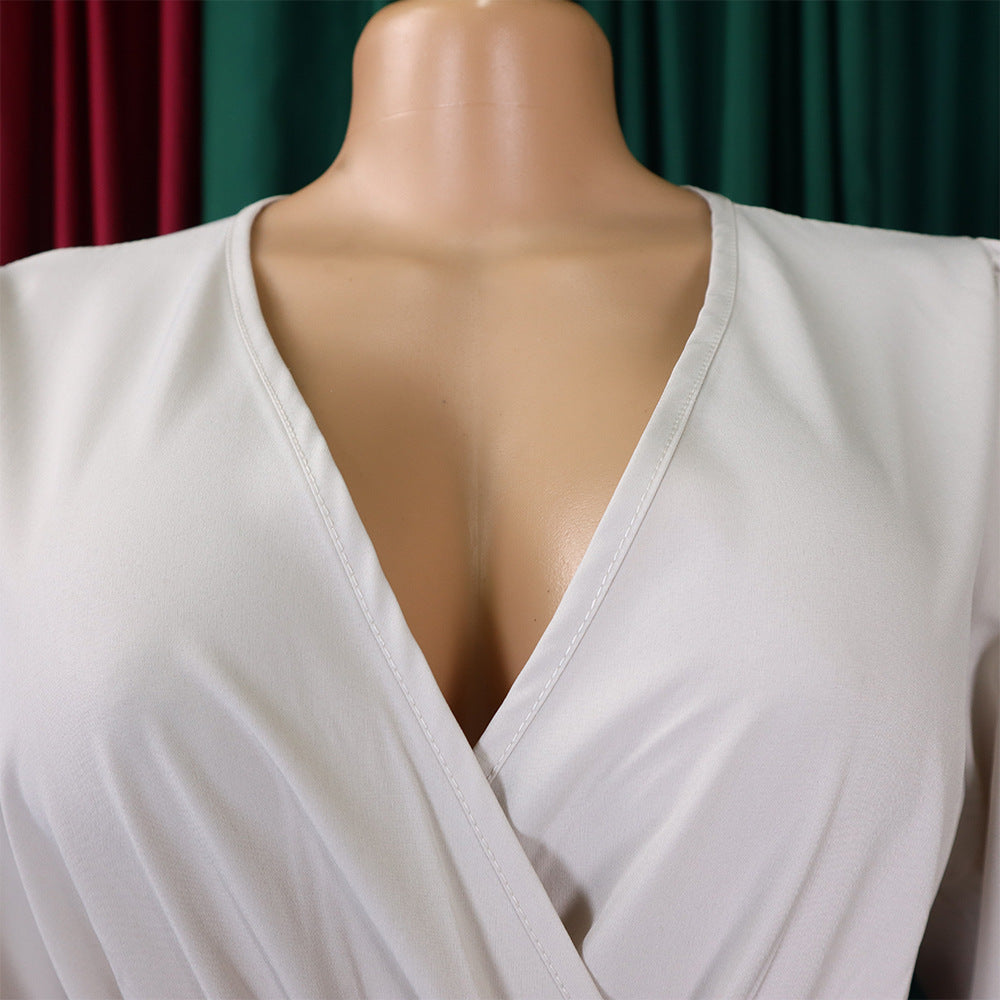 V-Neck Chic Elegant Slim Waist Belted Pleated High Waist Plus Size Dress 49