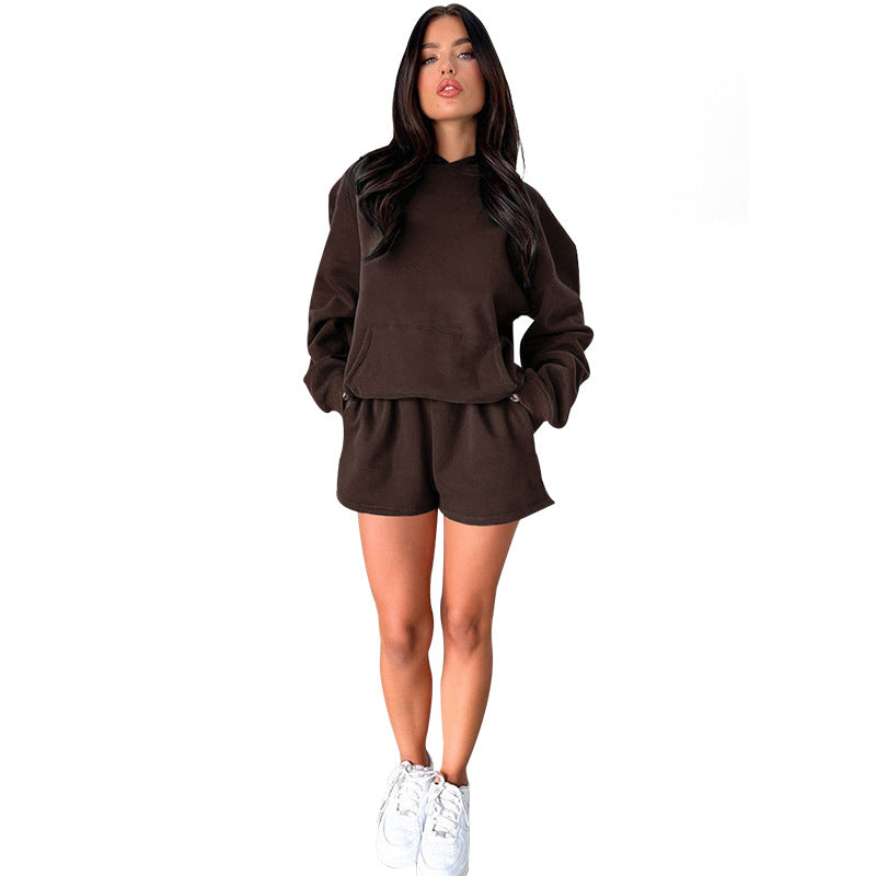WomenSolid Long Sleeve Hoodies and Casual Shorts Two-Piece Set 17
