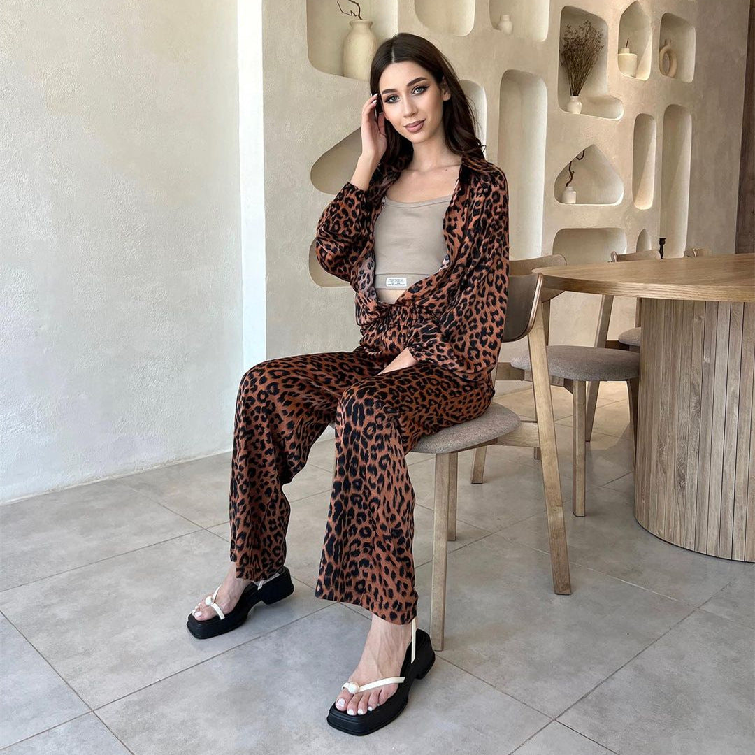 Women autumn leopard print long-sleeved shirt and Pant two-piece set 7