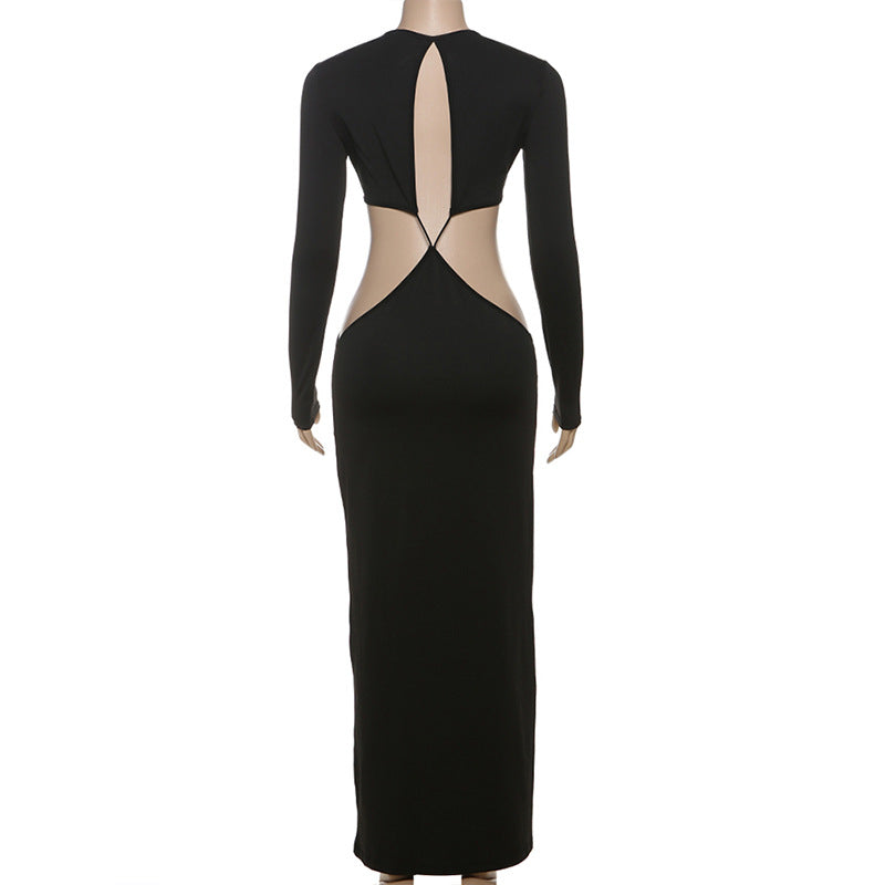 Women sexy hollow long sleeve Open Waist Bodycon Maxi Dress 7