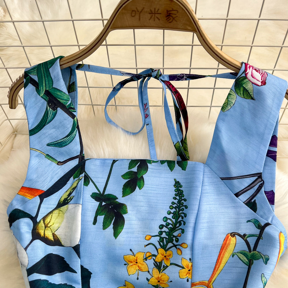 Retro Straps Fashionable Printed Slim Waist A-Line Dress Beach Holidays Long Dress 10