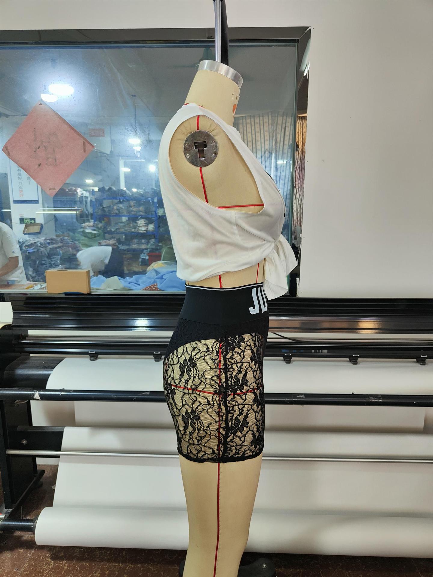 Women'S Irregular Slit Letter Print Top Lace See-Through Shorts Two Piece Set 10