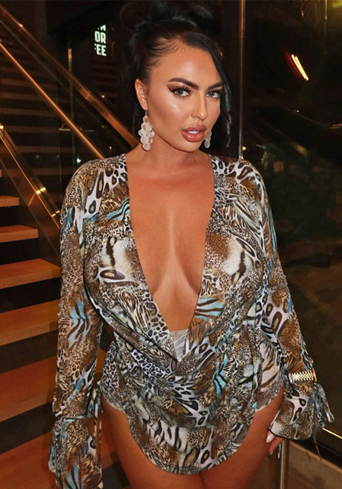 Women Fall Gradient Leopard Print Long-Sleeved Backless Top and Shorts Two-Piece Set