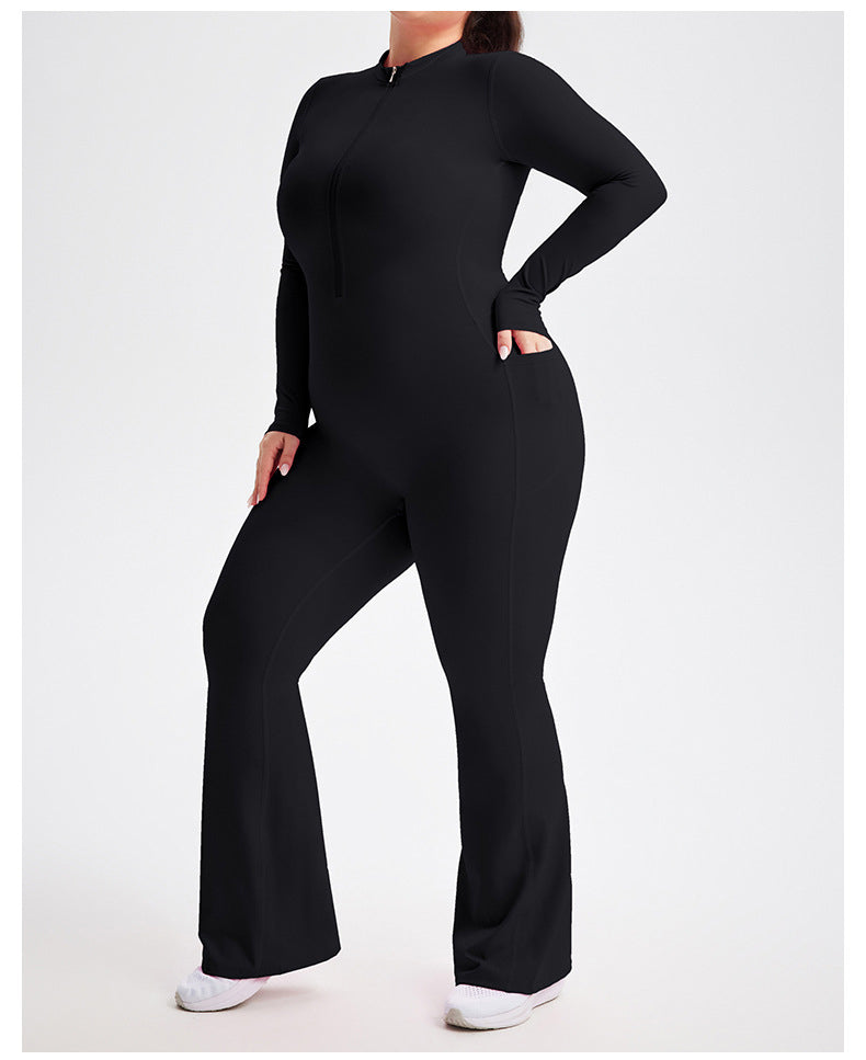 Plus Size Zipper Long Sleeve Fitness Sport Bell Bottom Jumpsuit Tight Fitting Yoga wear