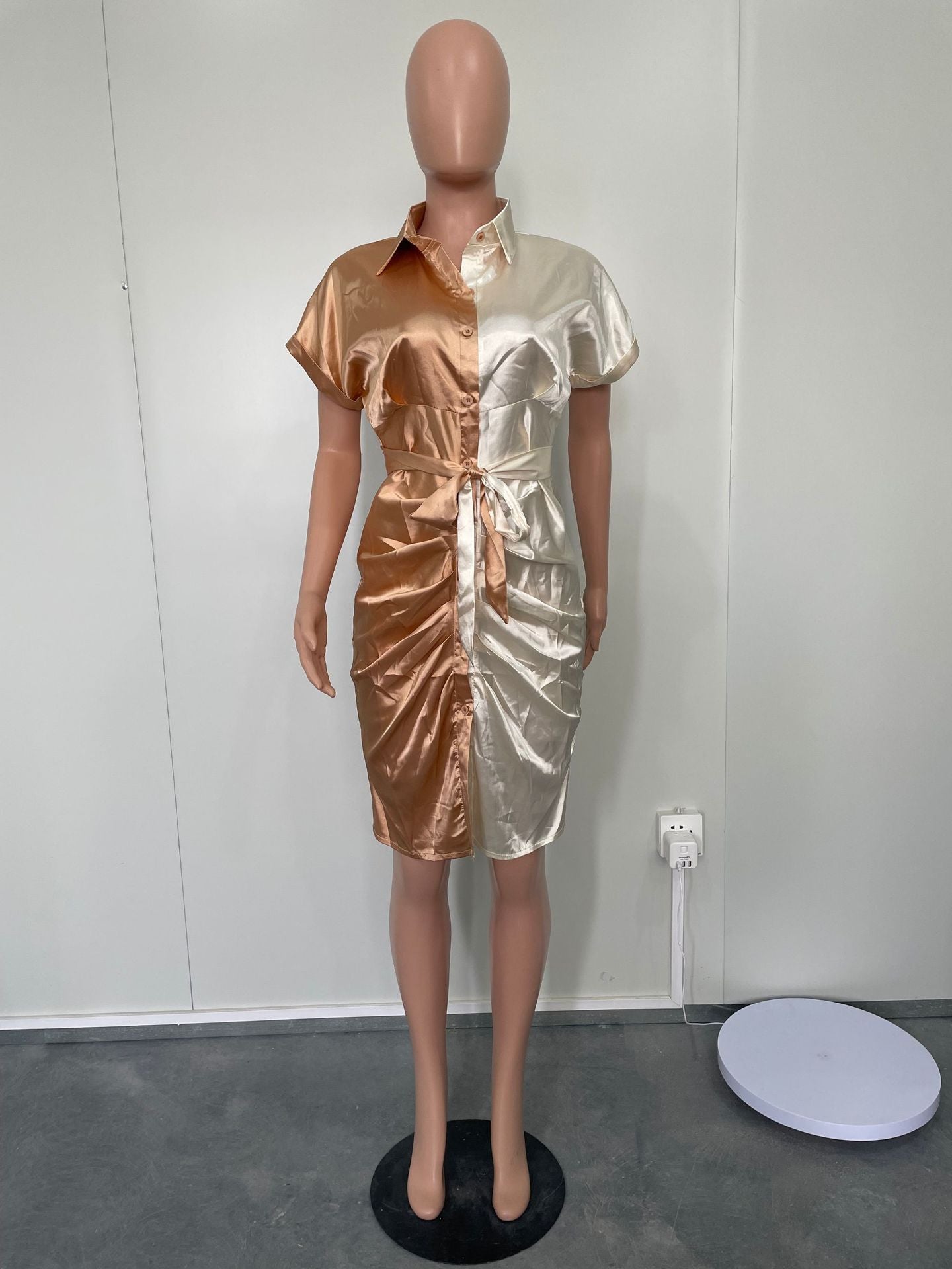 Sexy Women's Belted Pleated Satin Short Sleeve Button Button Contrasting Color Blouse Dress 15