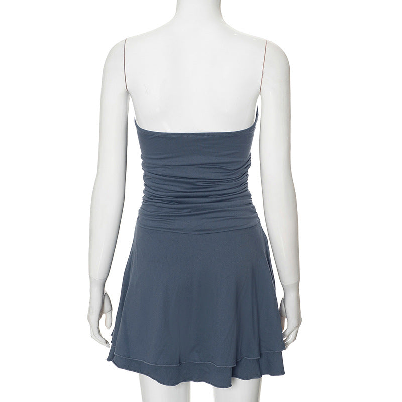 Women Pleated Skirt Solid Strapless Dress 23