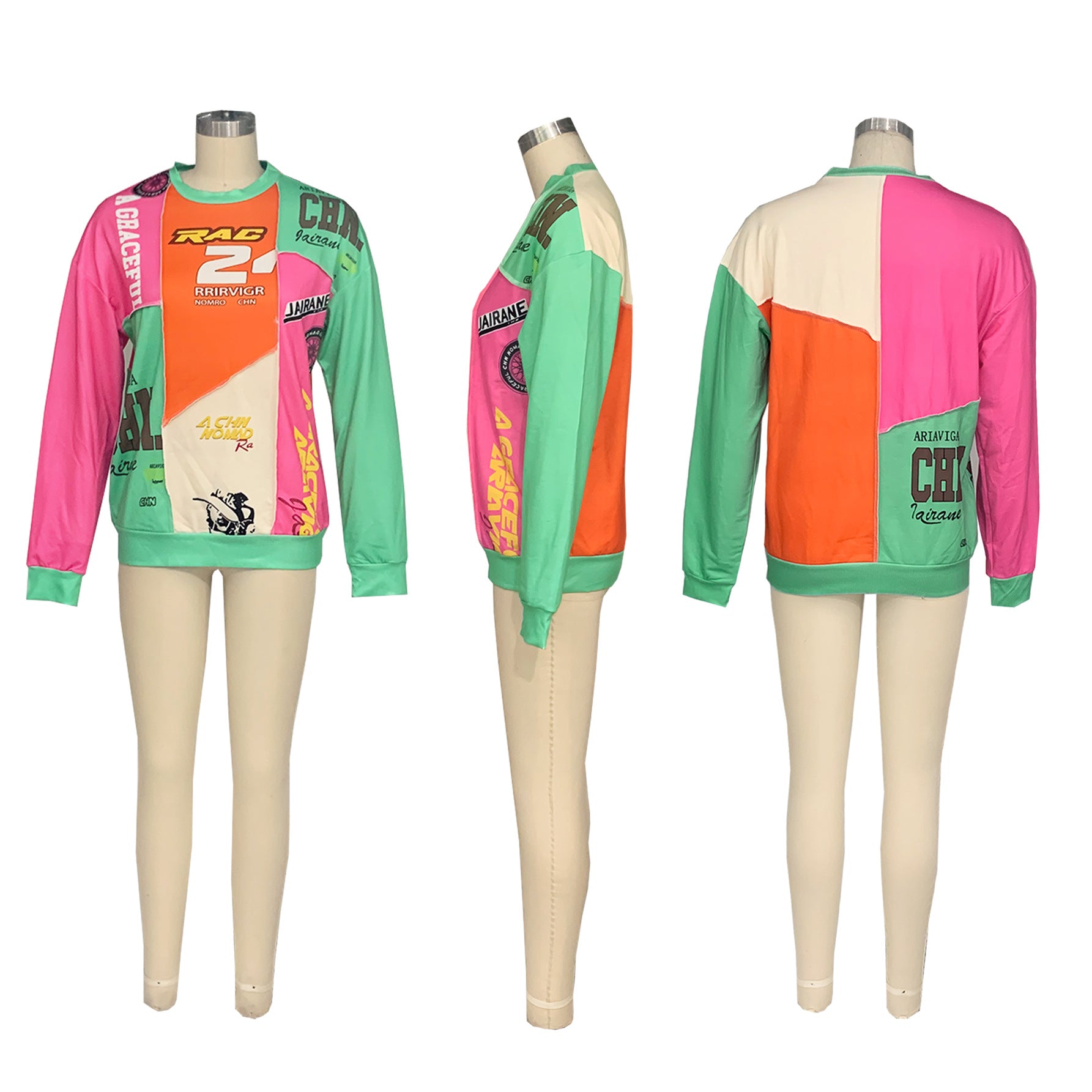 Autumn Trend Contrast Color Patchwork Letter Print Top Loose Round Neck Long Sleeve T-Shirt 10