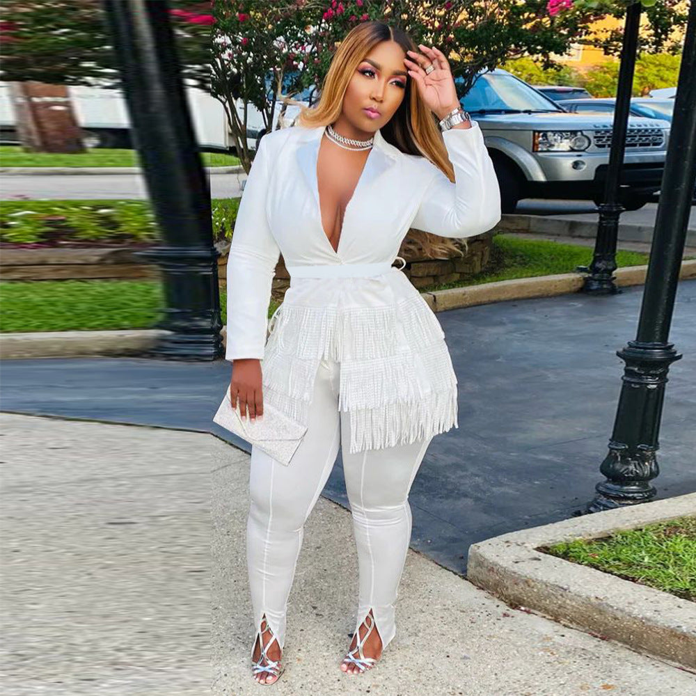 Women Fall Solid Fringed V-Neck Blazer and Pant Two-Piece Set 3