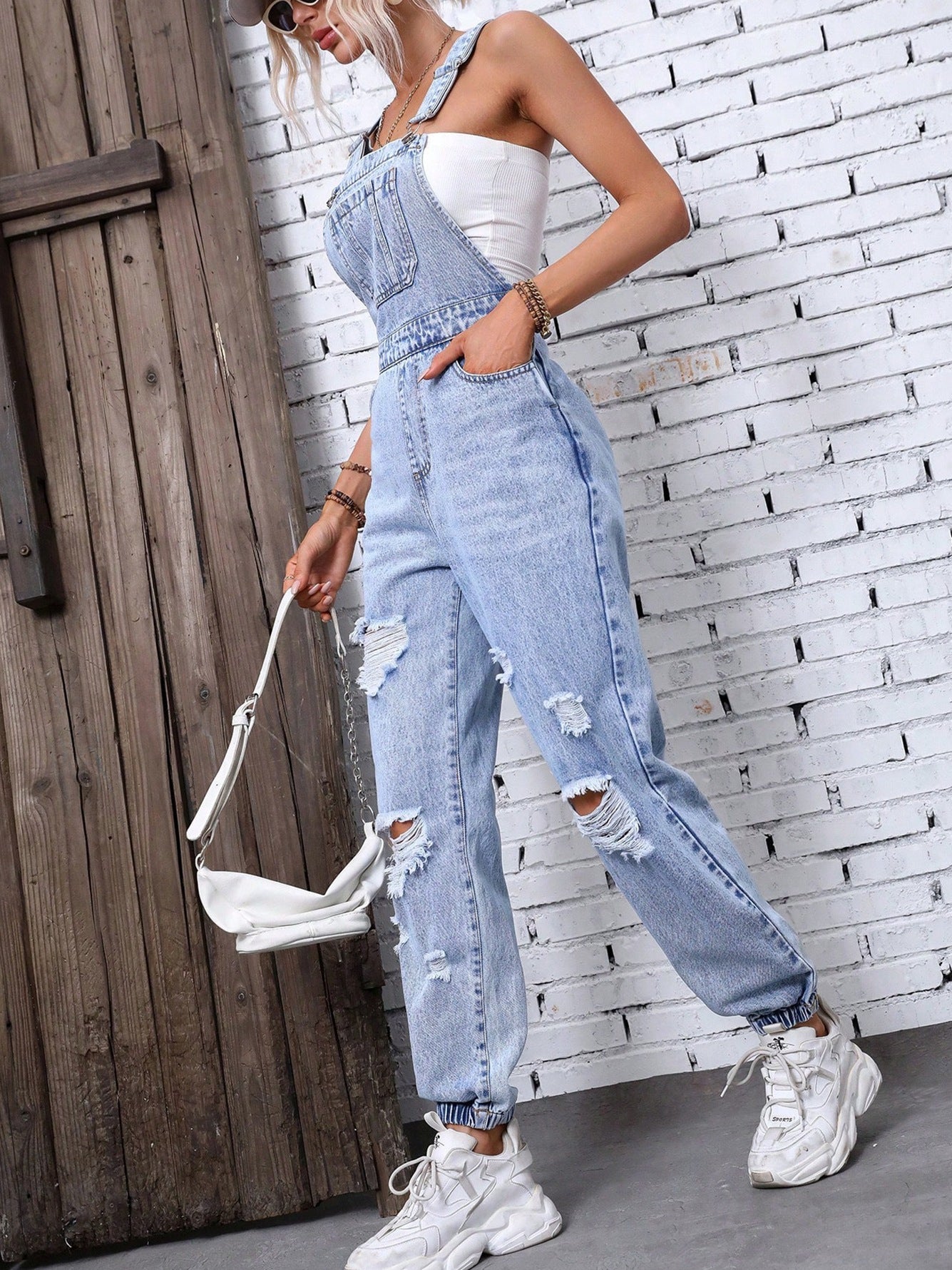 Women's Straps Overalls Ripped Denim Jumpsuit 6