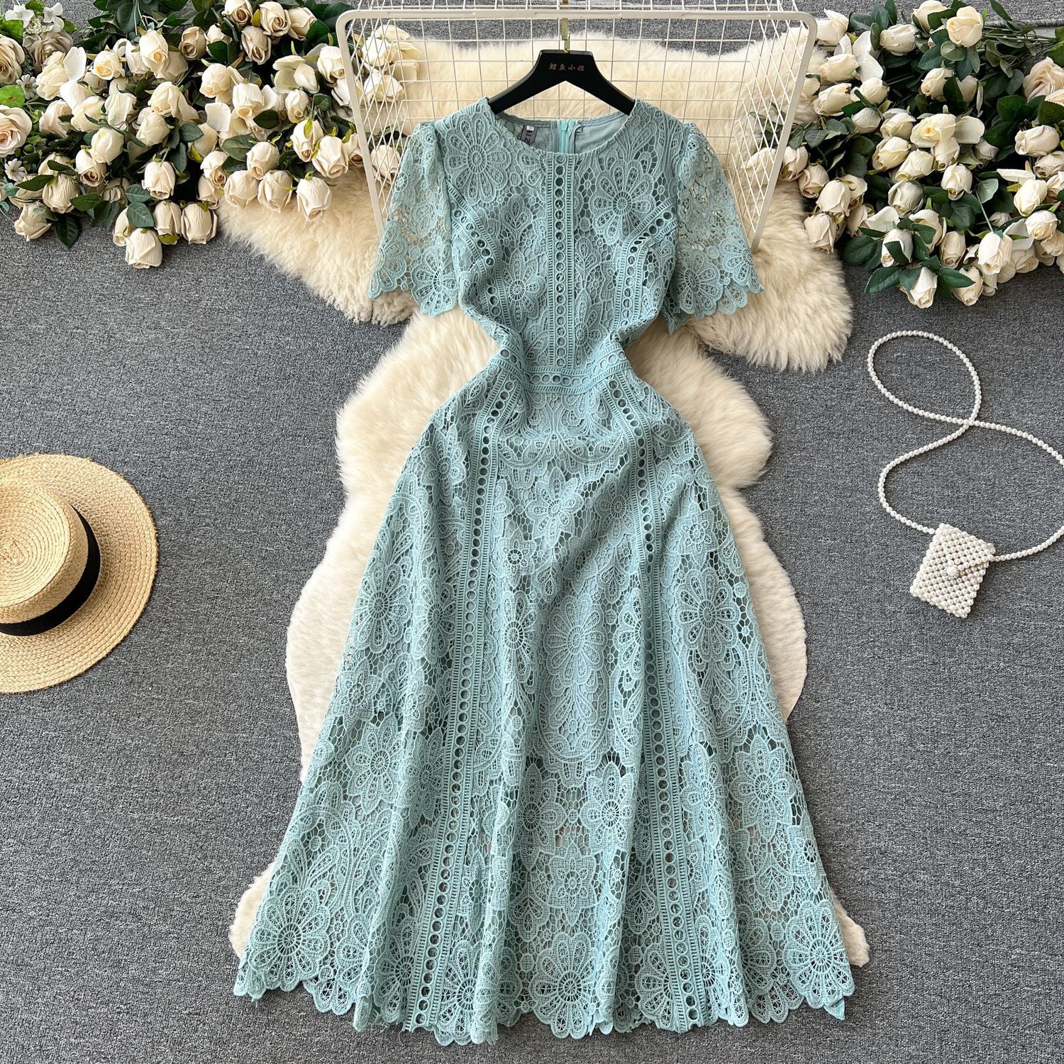 Round Neck Ruffle Sleeve Lace Dress Women's Summer Slim Fit Chic Elegant Gown 8