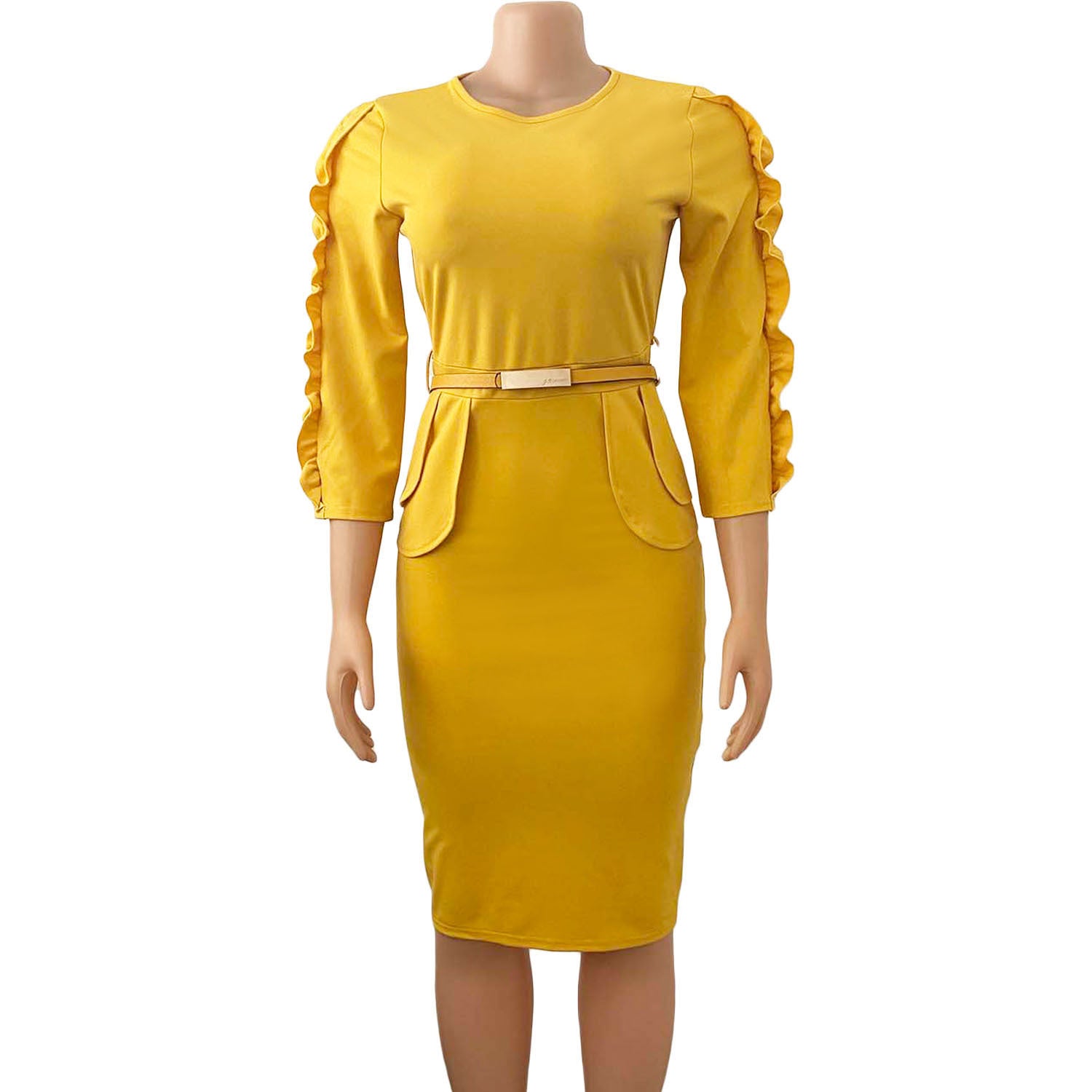 Plus Size Women Ruffle Edge Patchwork Sexy Dress With Belt 11