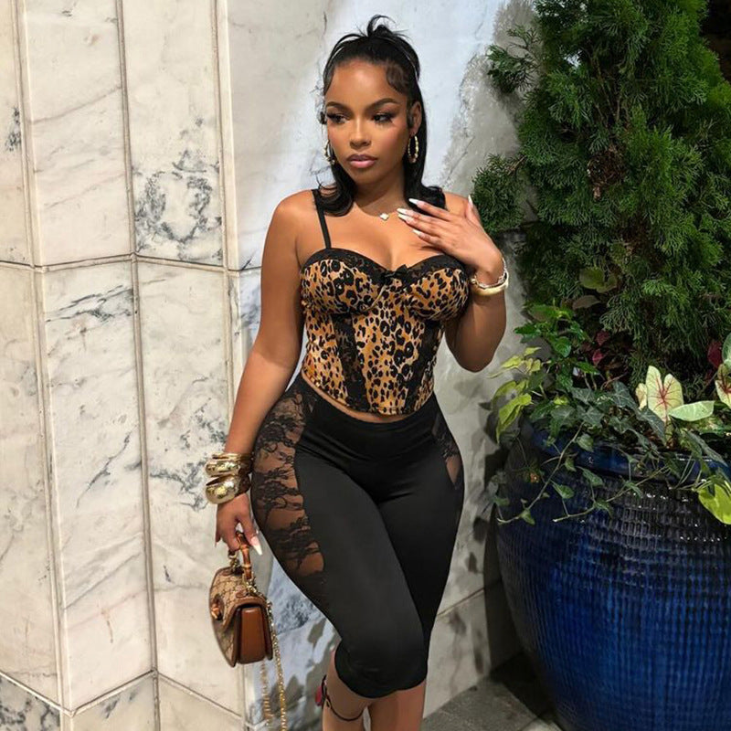 Women spring and summer mesh lace See-Through Solid cropped pants