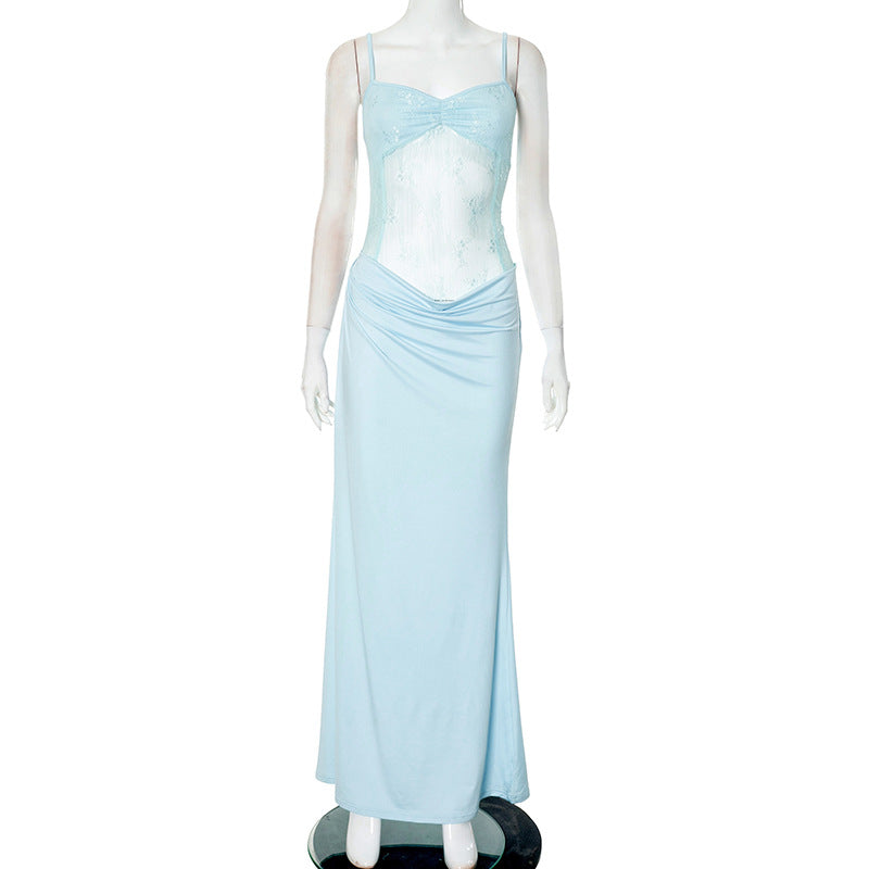 Women's Spring Summer Solid Color Strap Lace Tight-Fitting Patchwork Dress 12