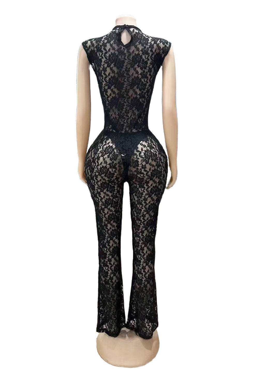 Women Sexy See-Through Lace Patchwork Bodysuit, Bell Bottom, Two-Piece Set 10