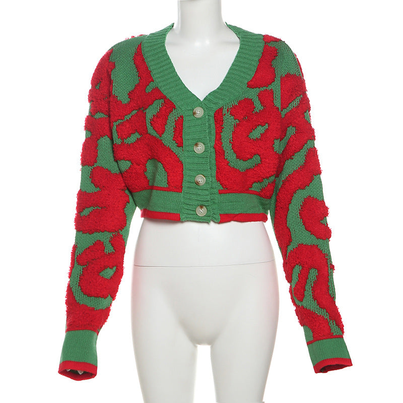 Autumn Fashion Color Matching V-Neck Buttoned High Waist Slim Women Knitting Top 23