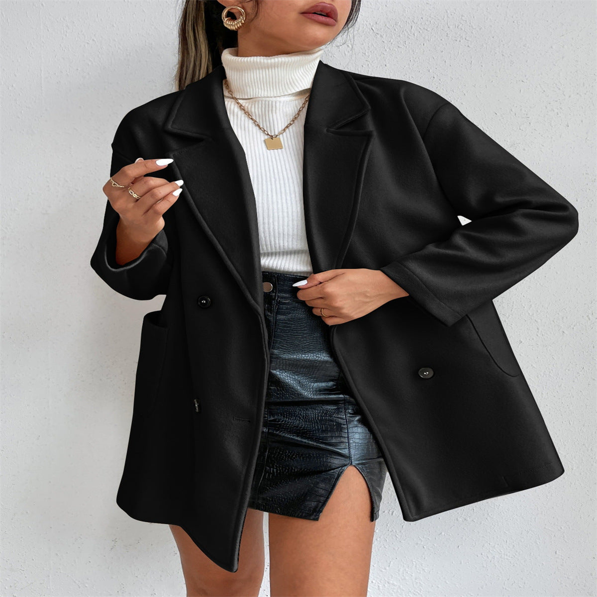 Women Double Breasted Solid Turndown Collar Long Sleeve Jacket 6