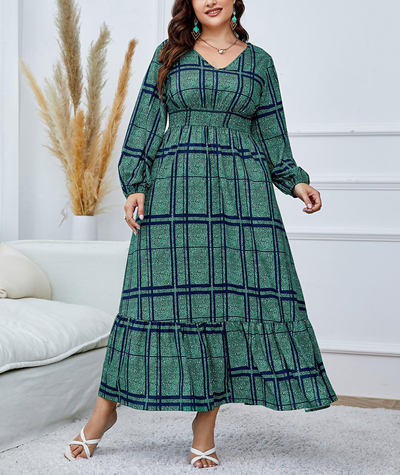 Spring And Autumn Loose High Waist Plaid Print Plus Size Dress