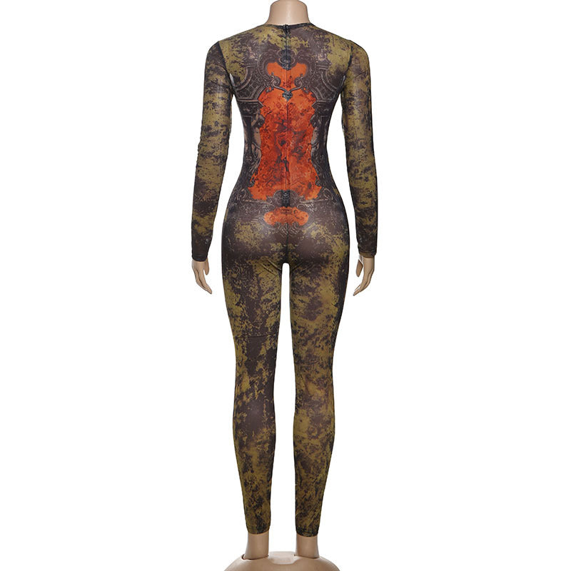Women autumn sexy street print long sleeve jumpsuit 11