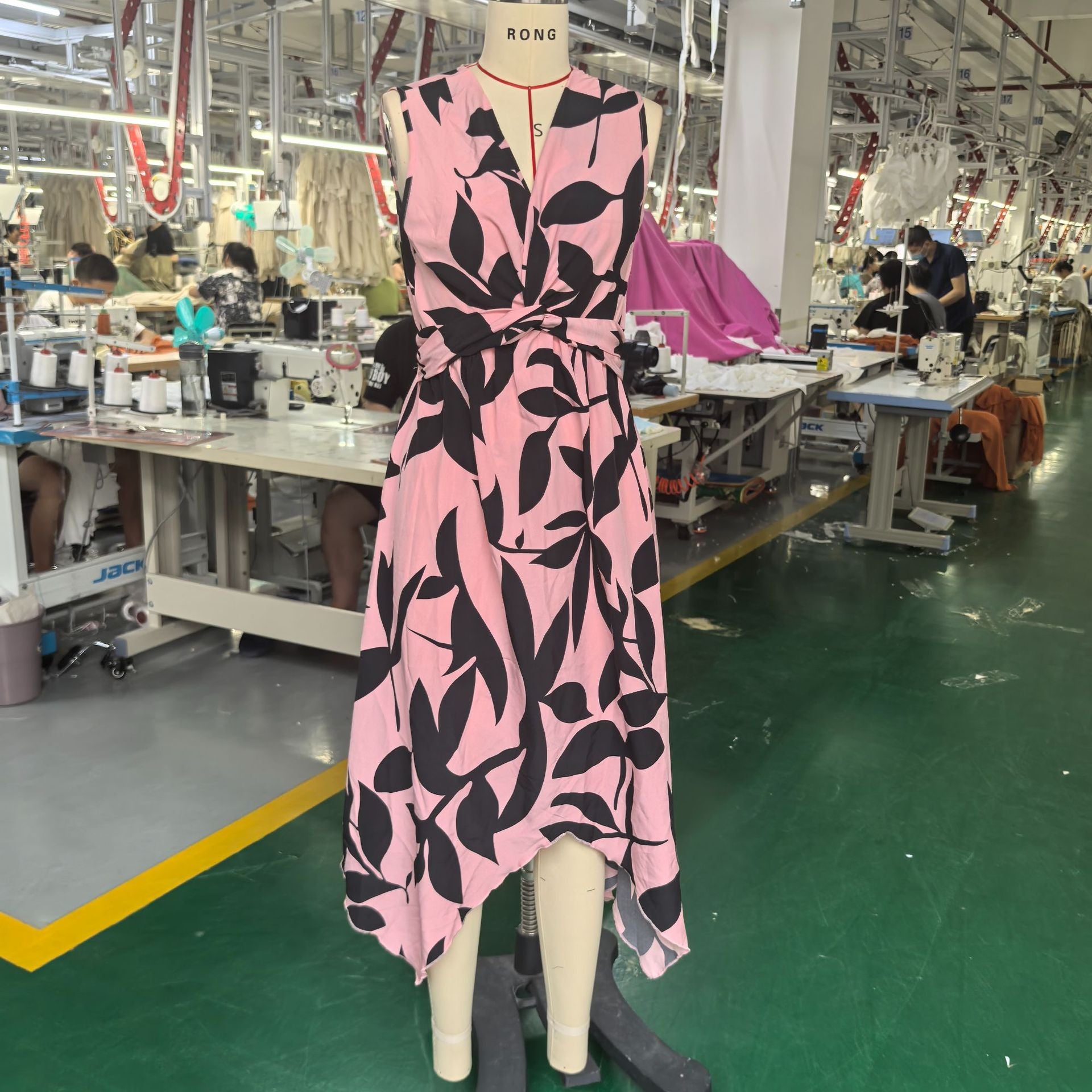 Spring And Summer Women Sleeveless Leaf Print Knot Irregular Midi Dress 9