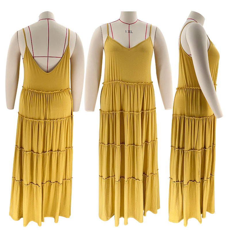 Summer Plus Size Women's Solid Color Sexy Camisole Pleated Patchwork Fashion Casual Dress 30