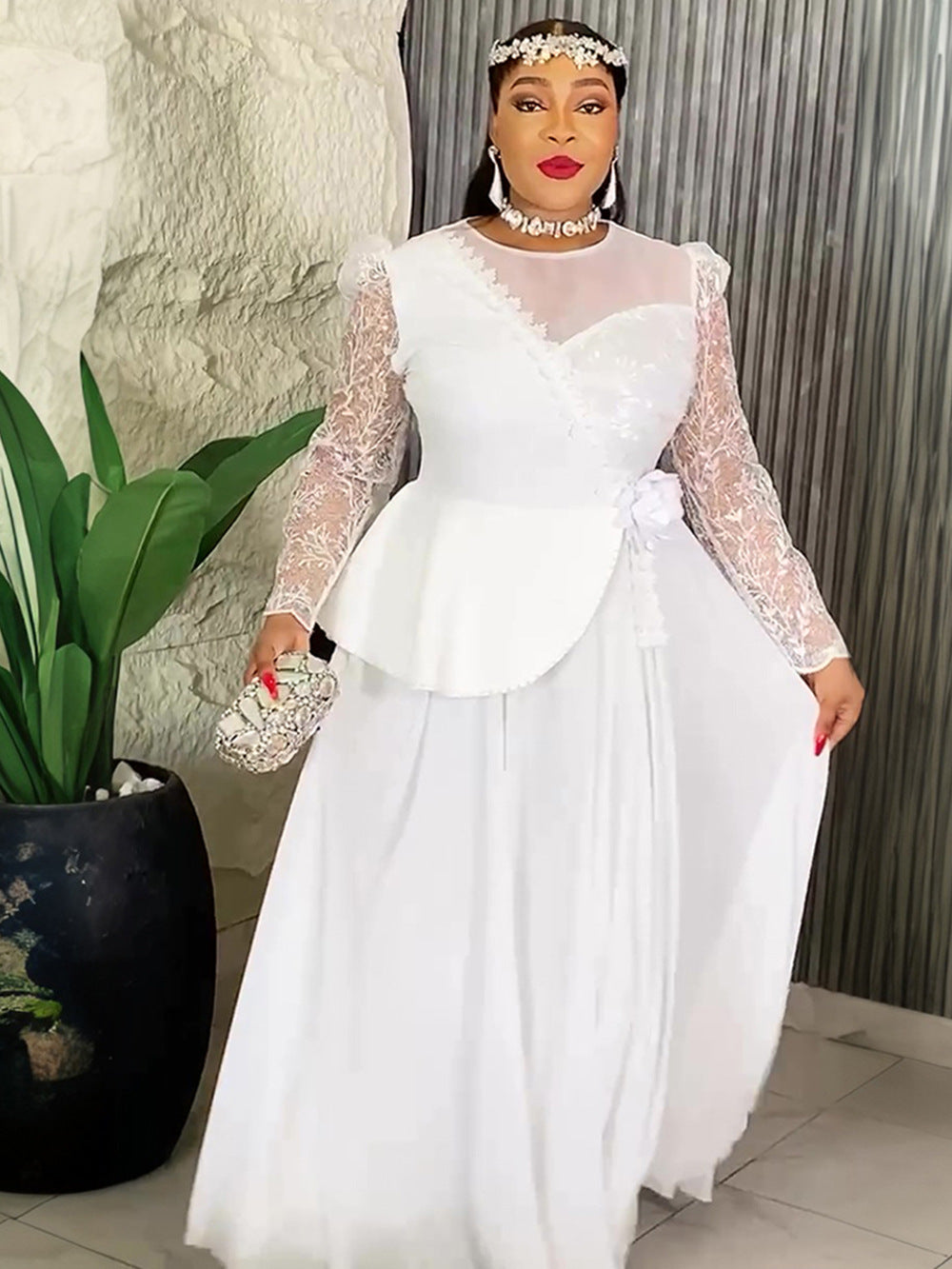 Lace Trim Plus Size African Embroidered Evening Gown 8