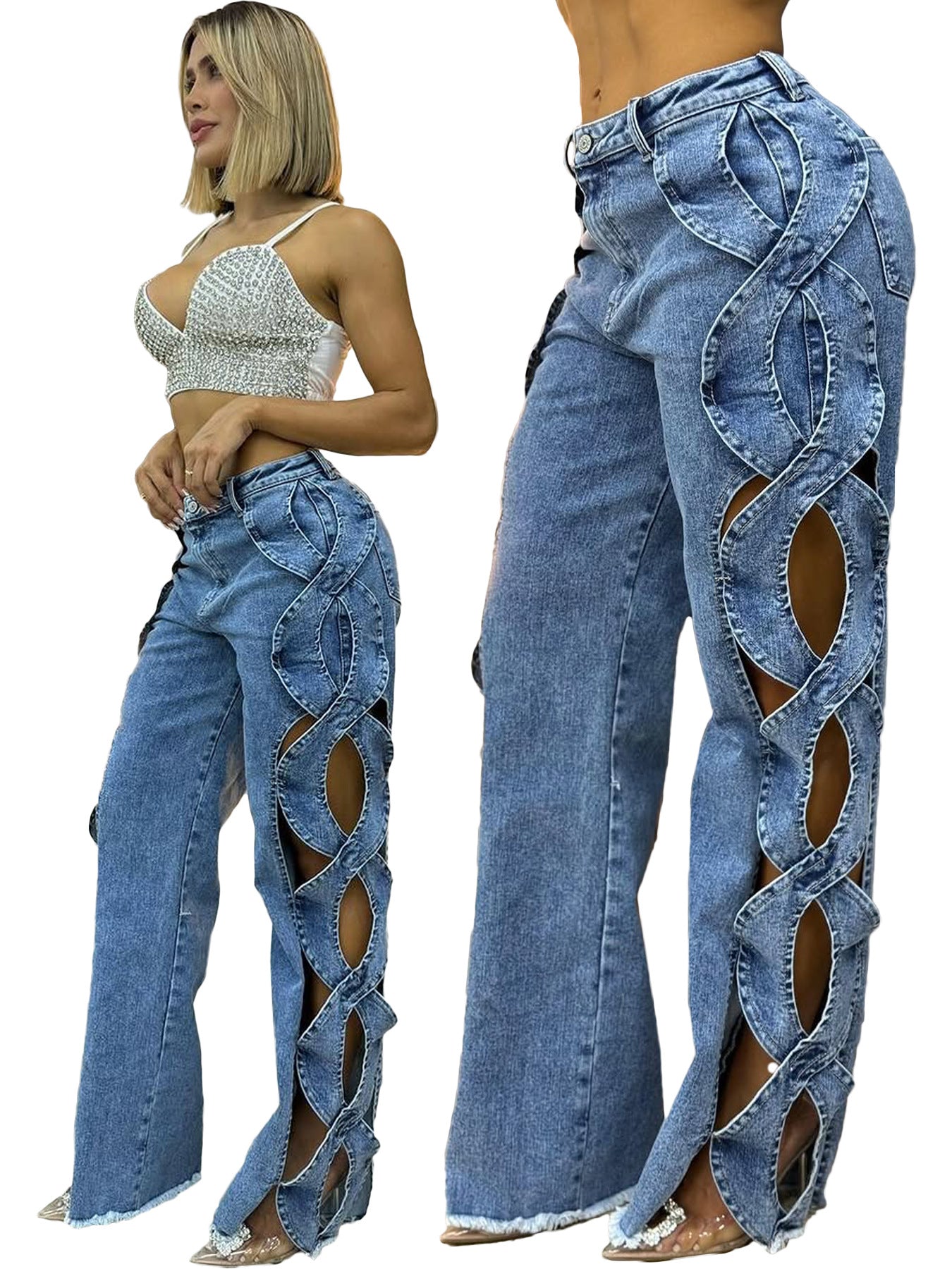 Spring/Summer Women's Side Cutout Denim Patchwork Trousers