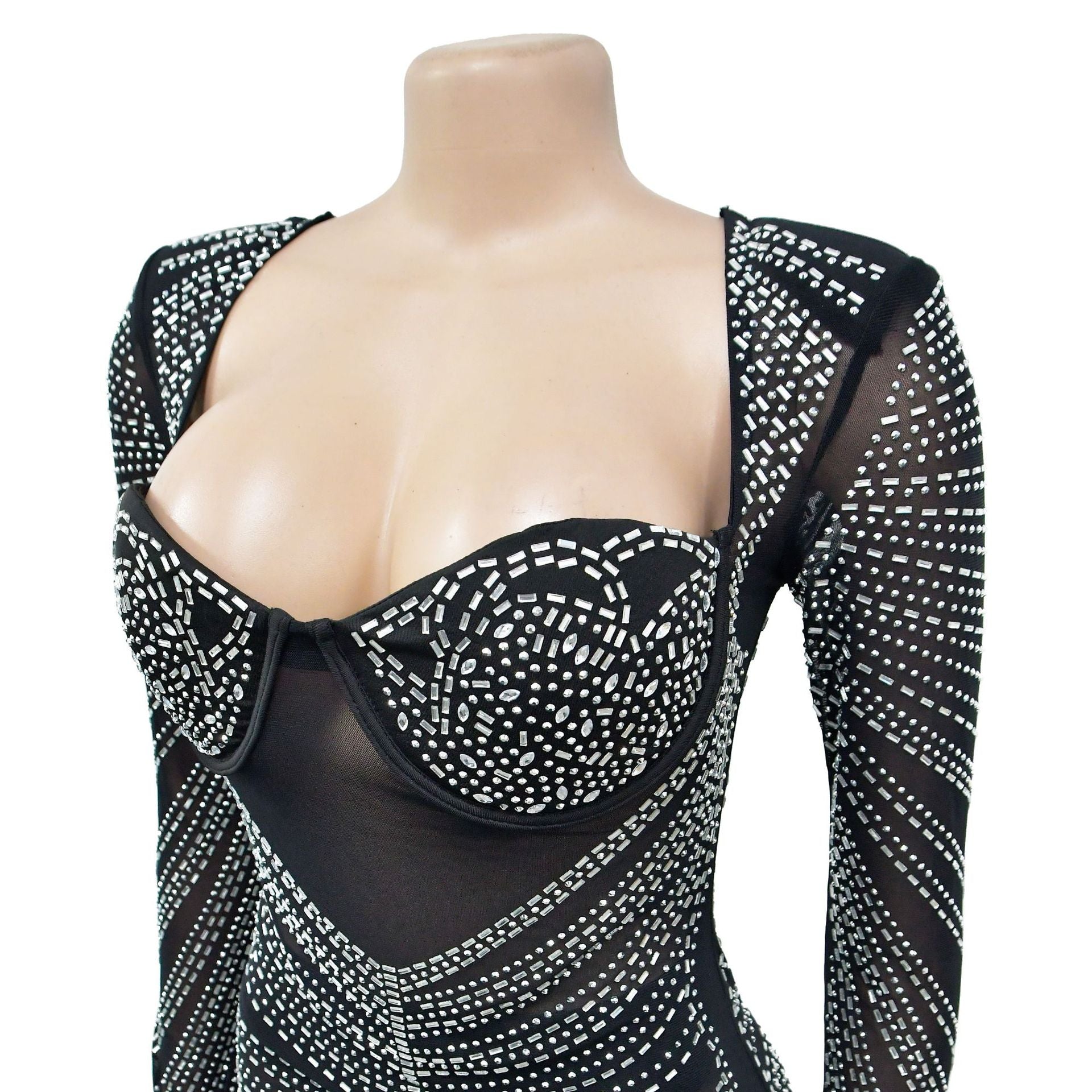 Fashion Women's Solid Color Mesh Beaded Long Sleeve Short Club Dress 20