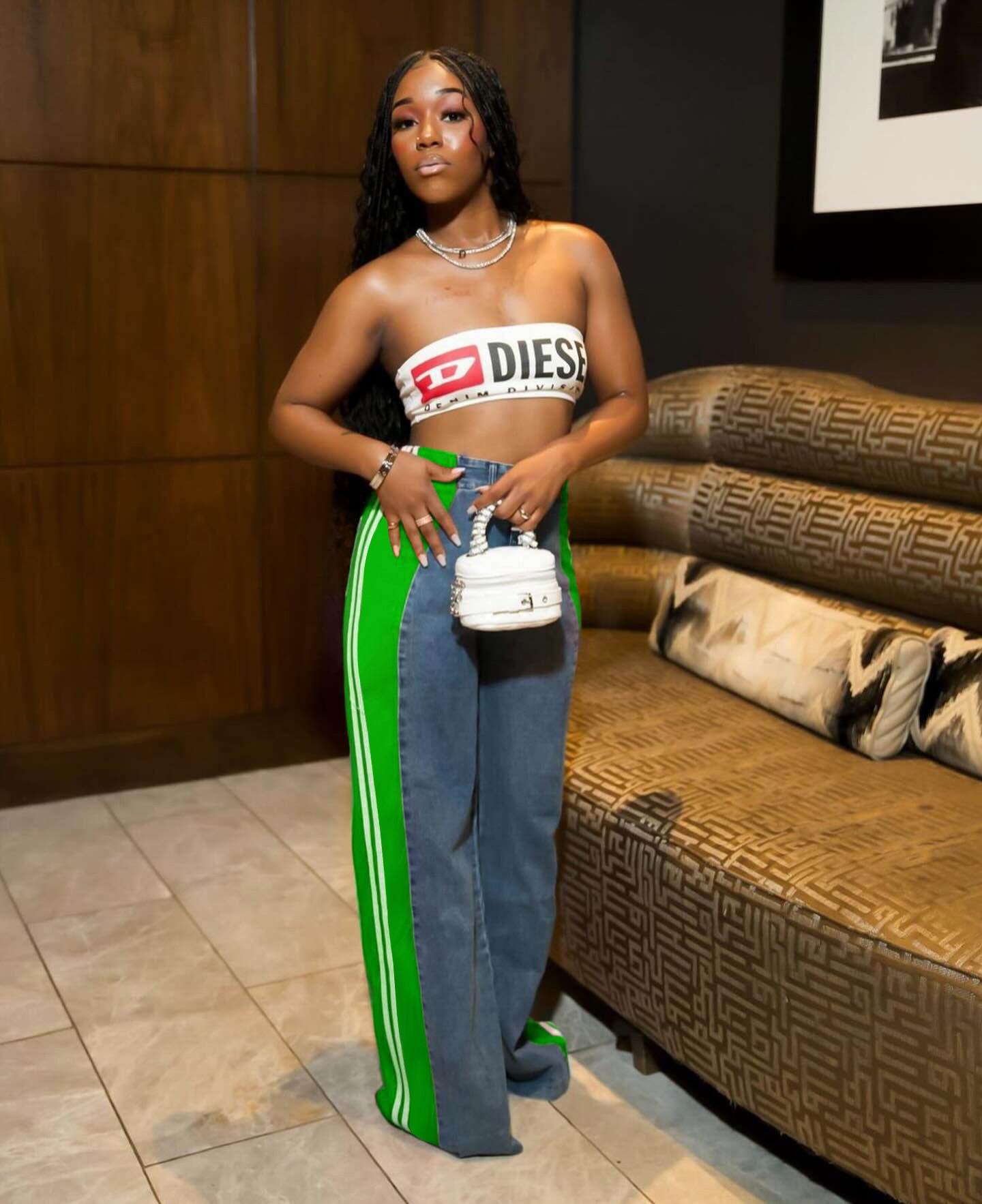 Fashion Patchwork Striped Wide-Leg Denim Trousers Women's Casual High Waist Straight Pants 4